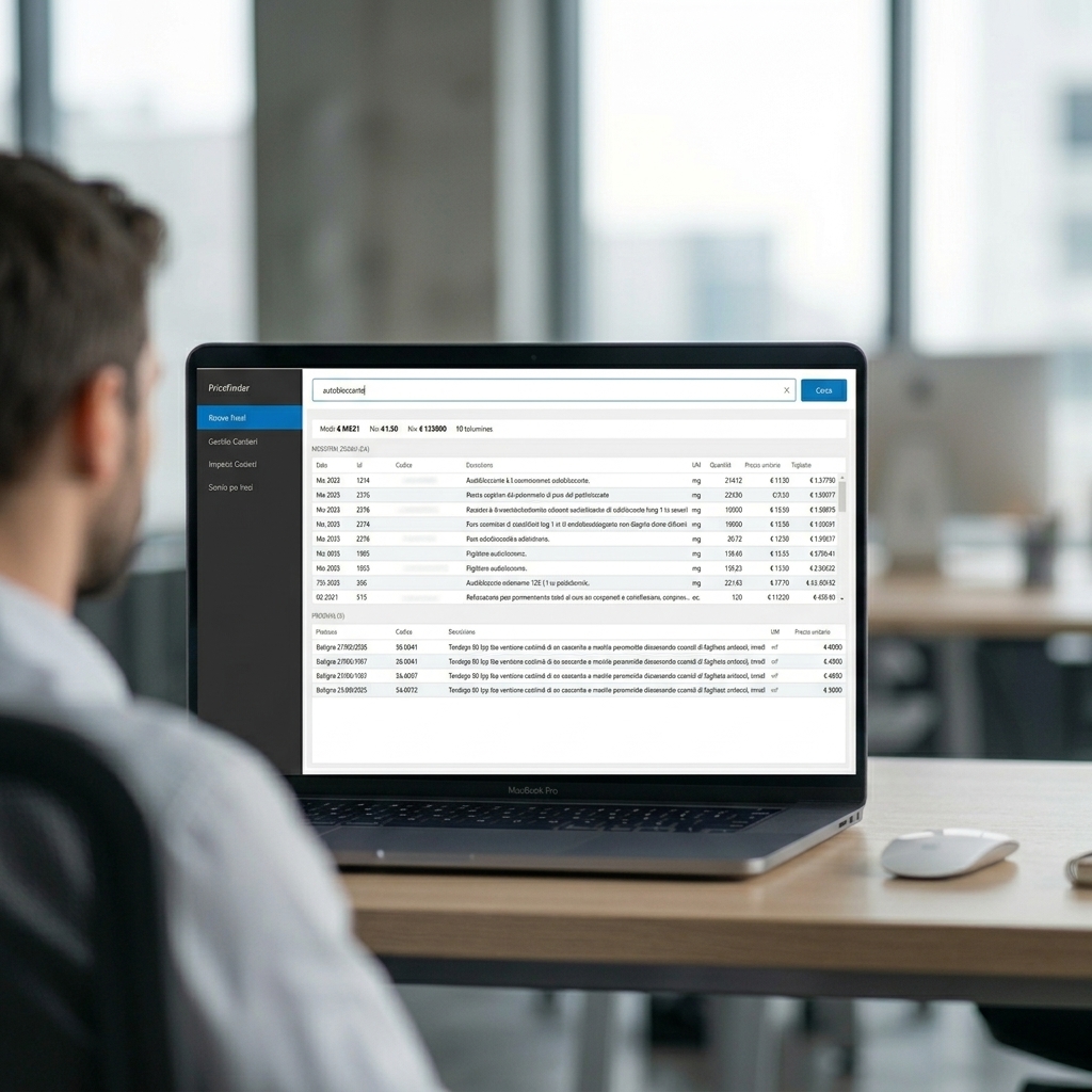 Schermata di PriceFinder con i risultati di ricerca tra le voci dei preventivi